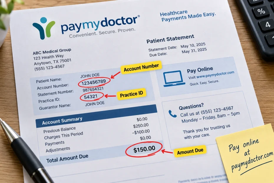 paymydoctor bill statement with practice id